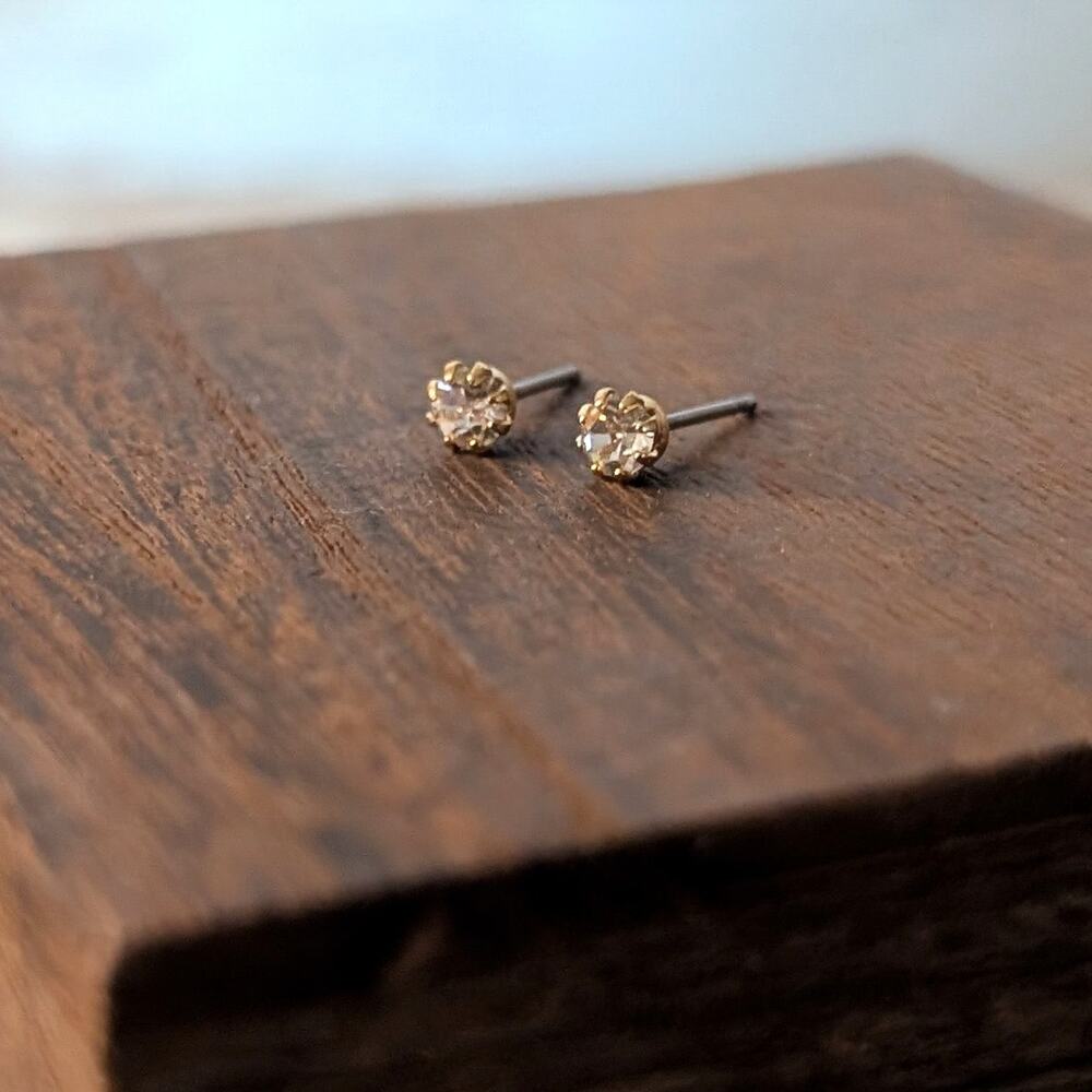 Vintage Stud Earrings Dainty Gold Tone & Clear Gem - Very Small